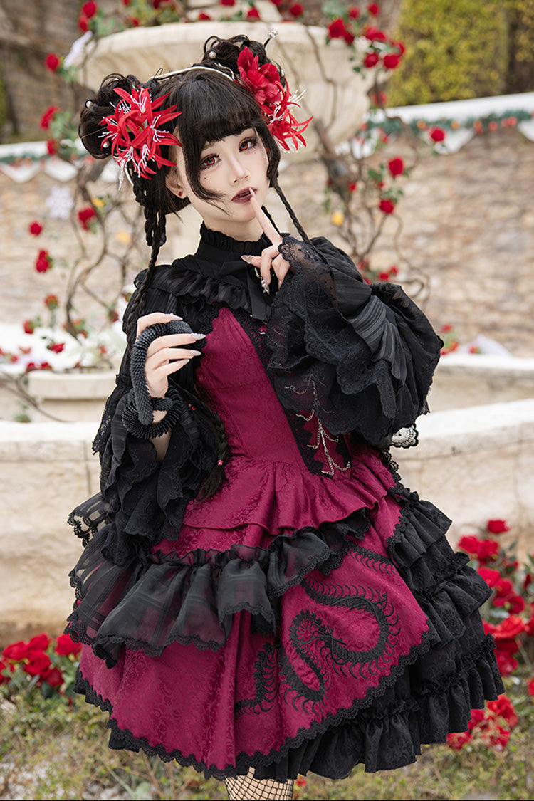 Crimson & Noir Multi-Layer Ruffled Bow Lace Asymmetric Gothic Lolita JSK Dress