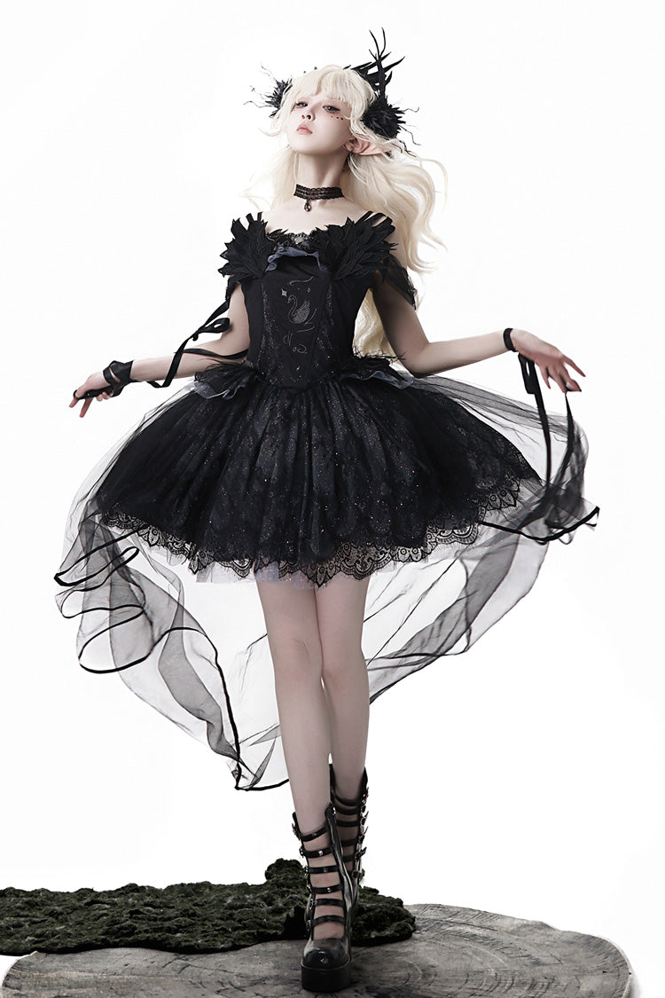 Ruffle Bowknot Ballet Lolita JSK Dress - Black Swan's Prayer