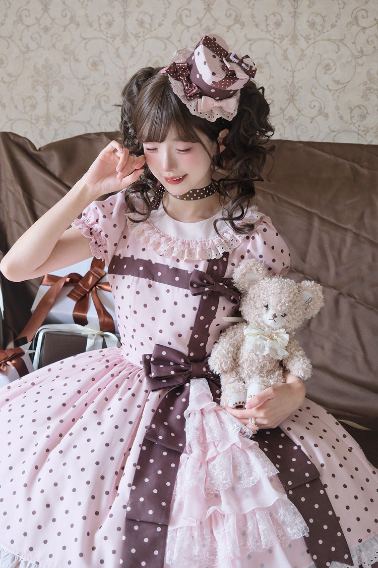 Canelé Gift Box Round Collar Short-Sleeve Polka Dot Ruffle Open Bow Asymmetric Lolita Dress
