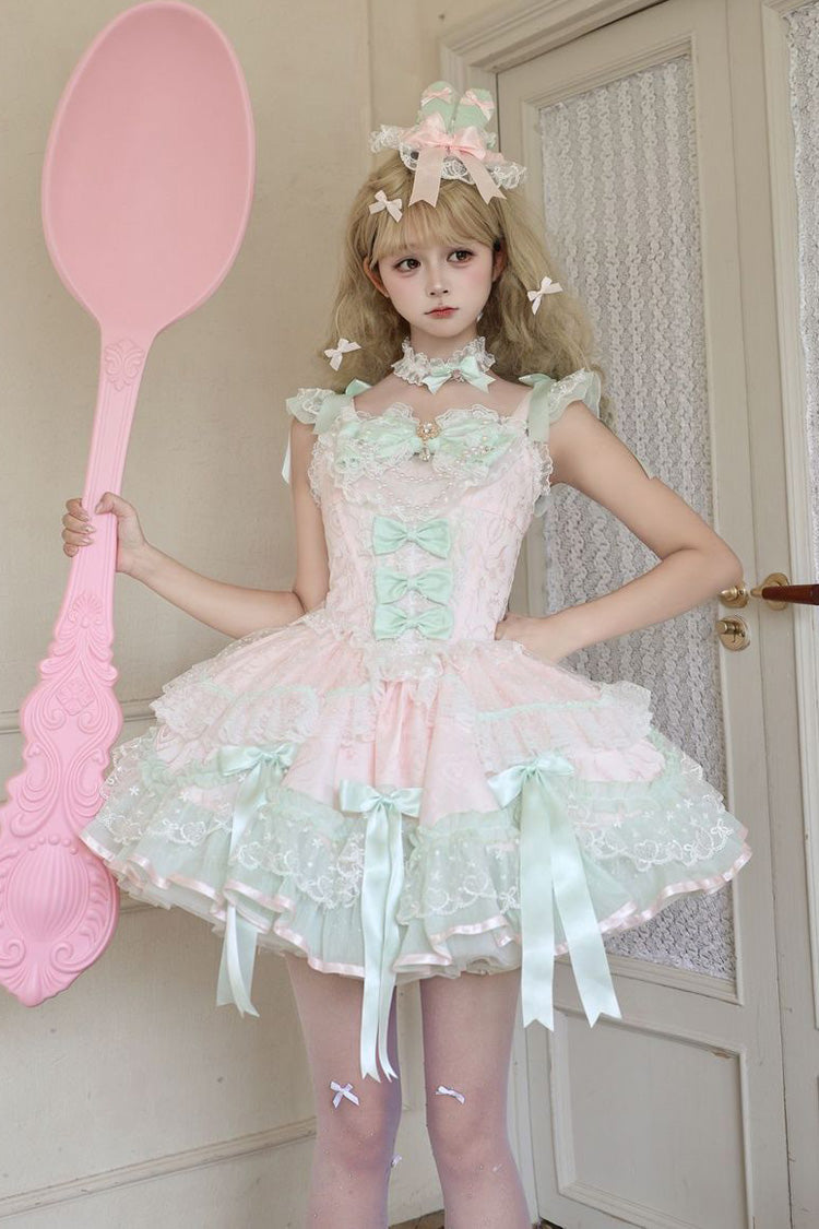 Candy Satin Ballet Square Collar Sleeveless Multi-Layer Ruffle Bow Pearl Lolita JSK