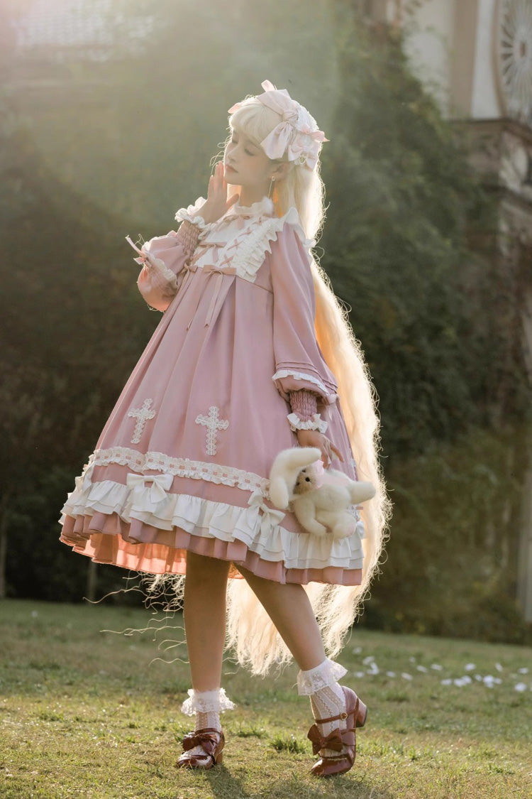 Blush Cross Wish Long-Sleeve Lace-Up Tiered Lolita Gown