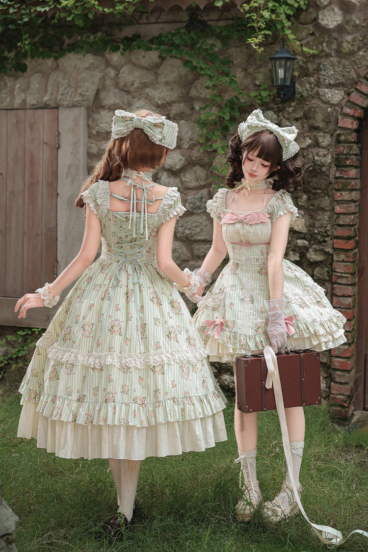 Emerald An Encounter with Austin Square Collar Short Sleeve Multi Rose Printed Ruffled Bow Lace Sweet Lolita Gown