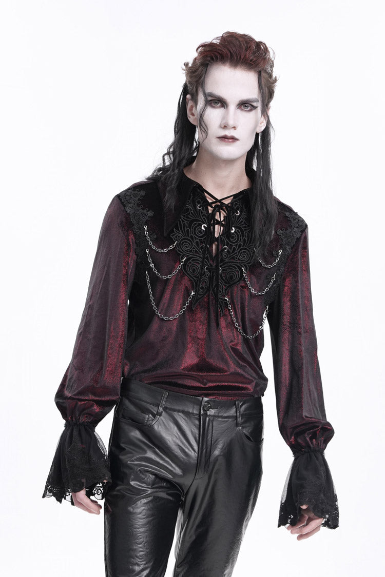 Burgundy V-Neck Long Sleeve Lace-Up Chain Gothic Men's Blouse