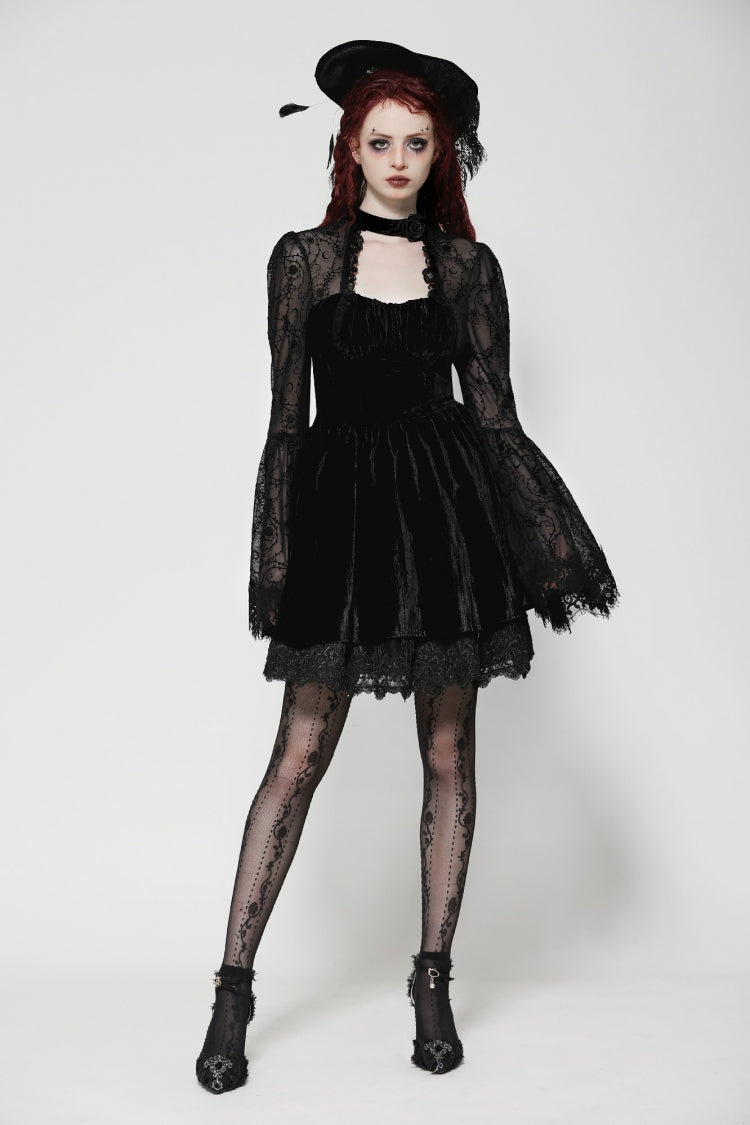 Floral Jacquard Lace-Up Mini Dress with Trumpet Sleeves and Cut-Outs