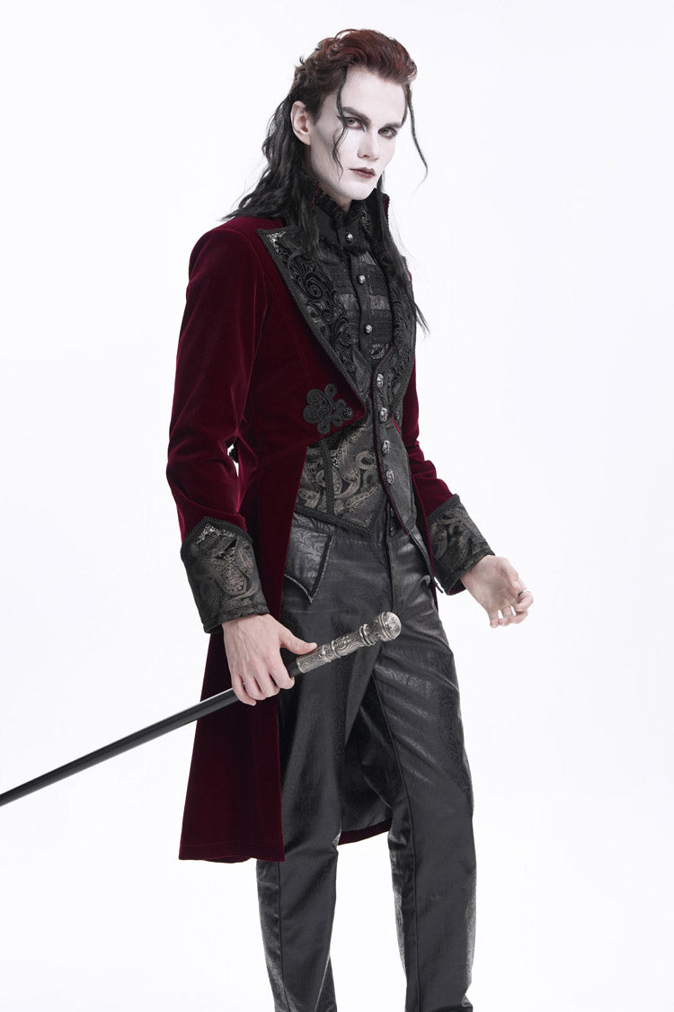 Burgundy Long Sleeve Button Floral Embroidery Gothic Men's Jacket