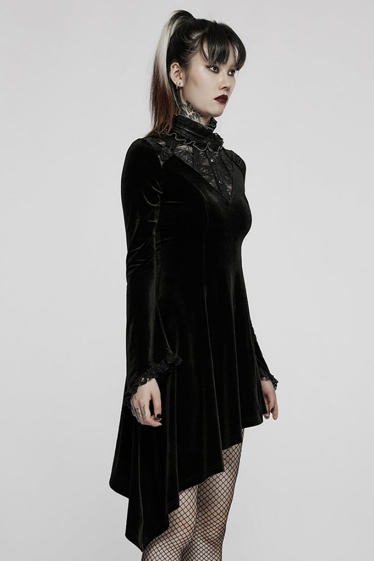 Flared Bell Sleeve Lace Patch Asymmetrical Gothic Gown - 2 Colors
