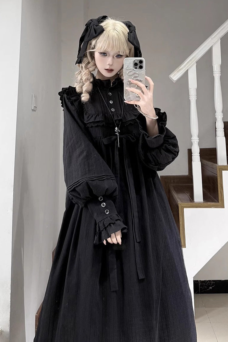 Gothic Nightgown with Ruffle Bow and Lace Trim, Long-Sleeve Sleepwear