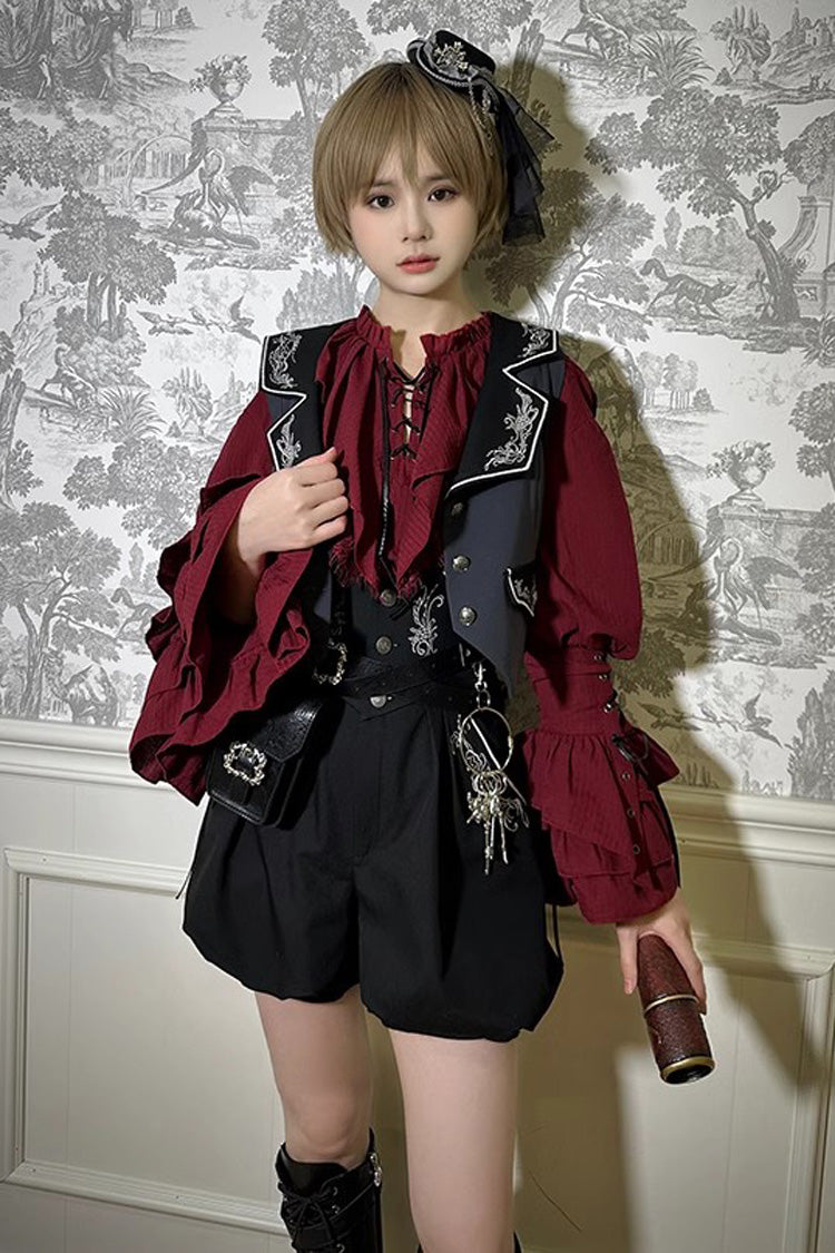 Burgundy Pirate Navigation Treasure Map V-Neck Long Hime Sleeve Ouji Lolita Blouse