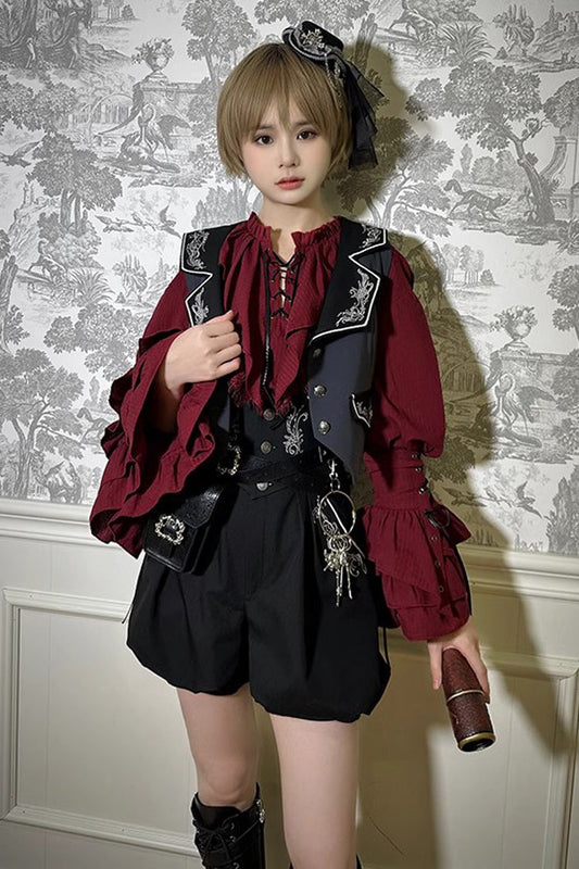 Burgundy Pirate Navigation Treasure Map V-Neck Long Hime Sleeve Ouji Lolita Blouse