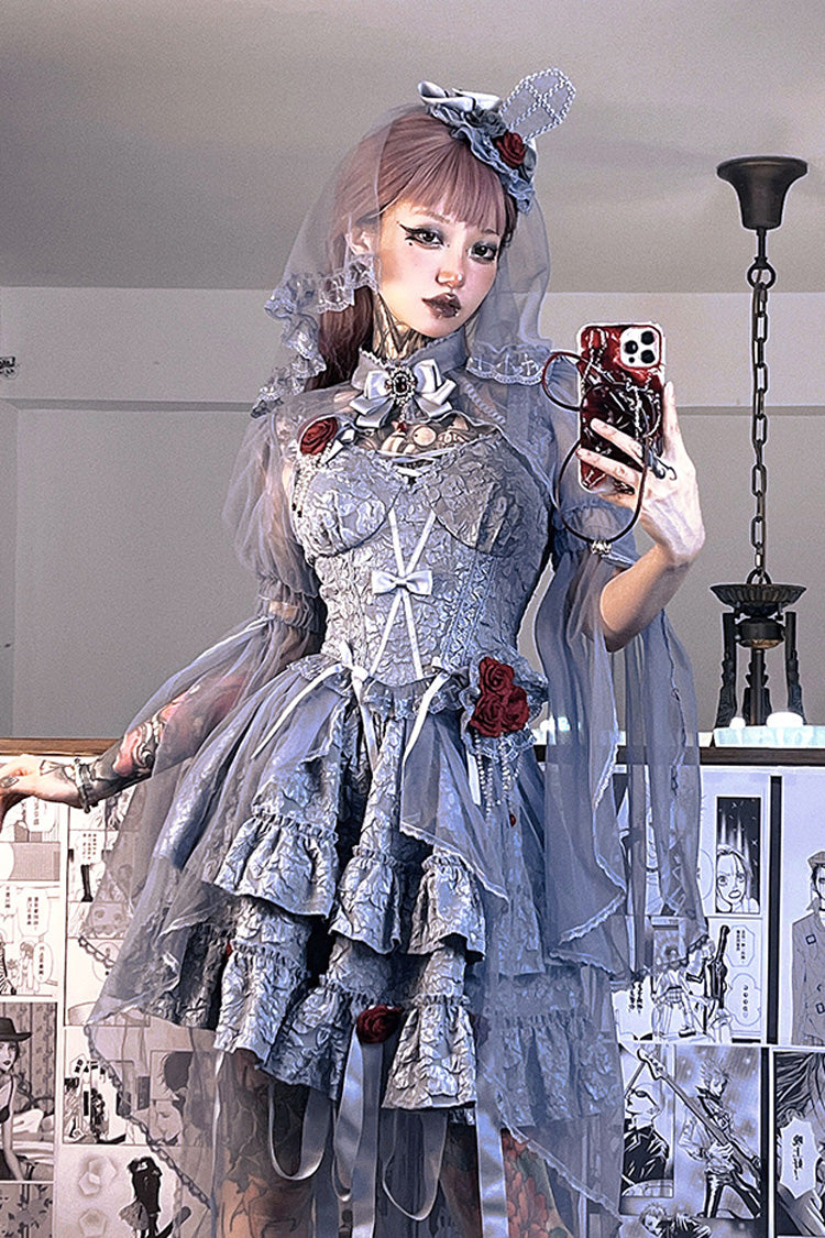 Crying Rose Double-Layer Ruffled Embroidered Bow Lace Gothic Ballet Lolita Skirt Set in 4 Shades