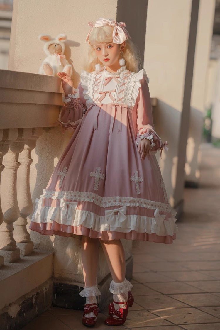 Blush Cross Wish Long-Sleeve Lace-Up Tiered Lolita Gown