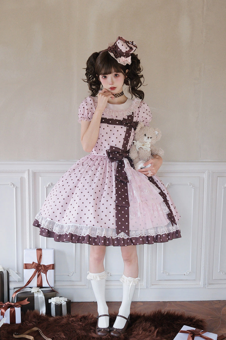 Canelé Gift Box Round Collar Short-Sleeve Polka Dot Ruffle Open Bow Asymmetric Lolita Dress