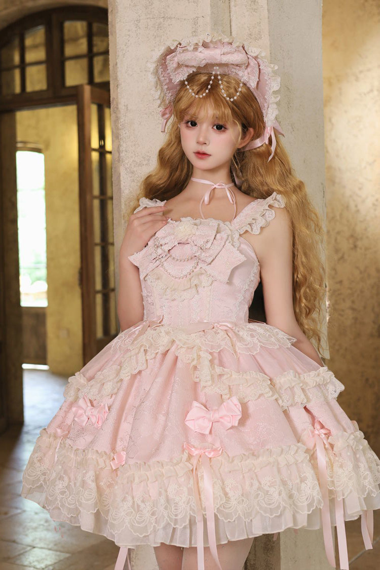 Blossoming Heart Love Sleeveless JSK, Dark Jacquard Print Bowknot Lace Sweet