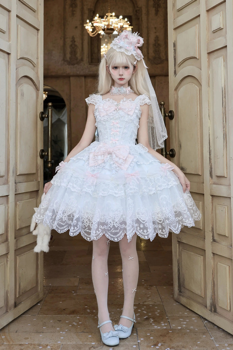 Square Collar Flutter Sleeves Jacquard Ruffled Bow Princess JSK - Bunny Dream Letter