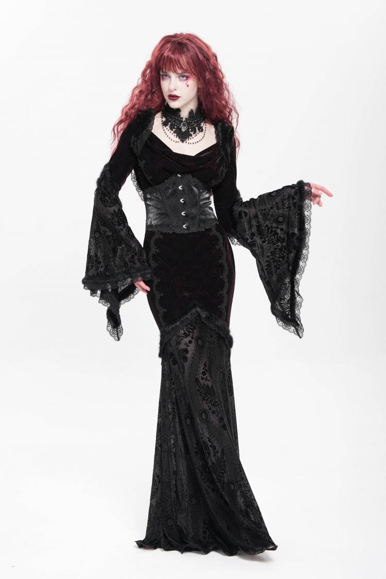 Crimson & Noir Long Flared Sleeve Embroidered Stitched Hooded Mesh Gothic Dress