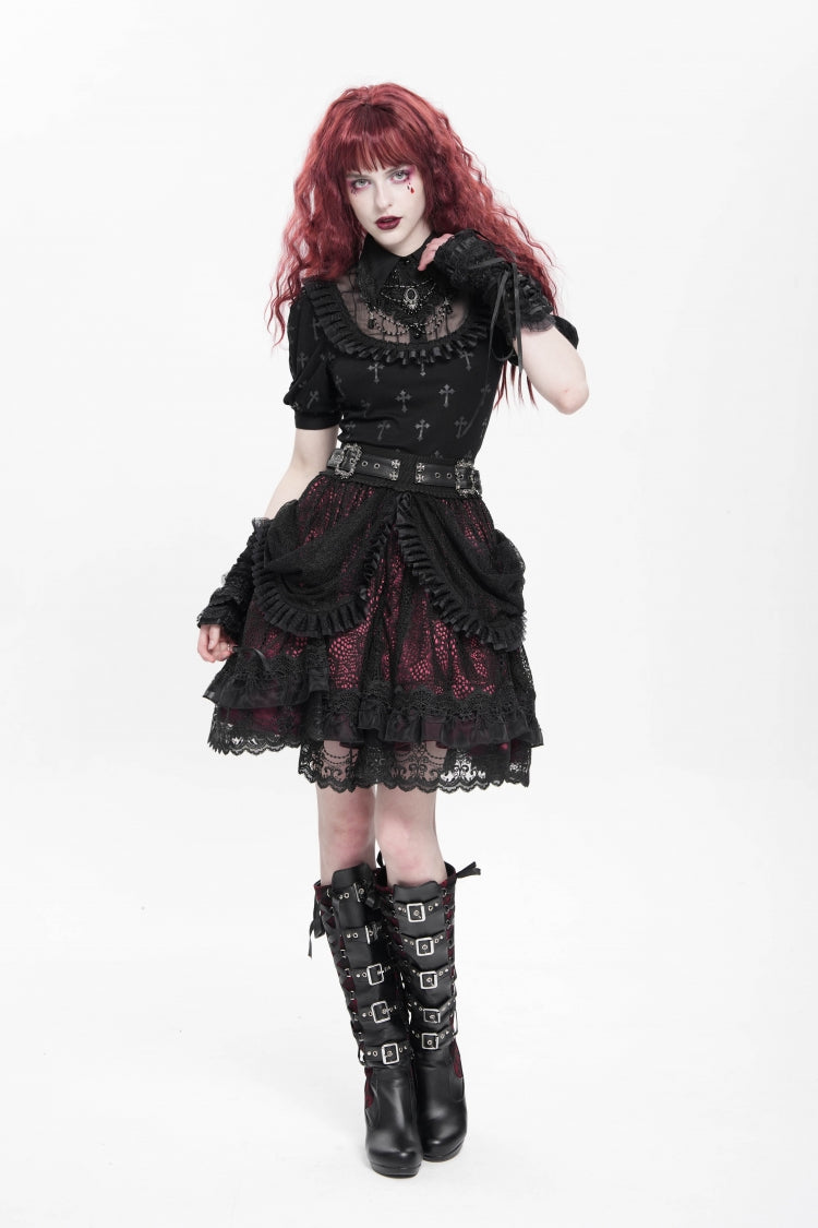 Crimson & Noir Multi-Layer Ruffled Buckle Strap Gothic Skirt