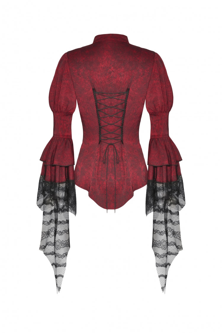 Crimson Gothic Blouse with Frilly Lace and Long Hime Sleeves