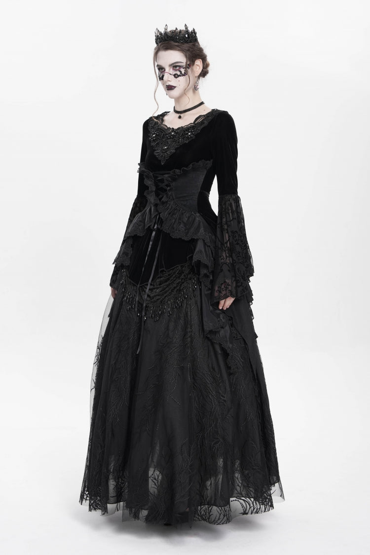 Beaded Pleated Gothic Blouse with Lace-Up Front and Extended Sleeves