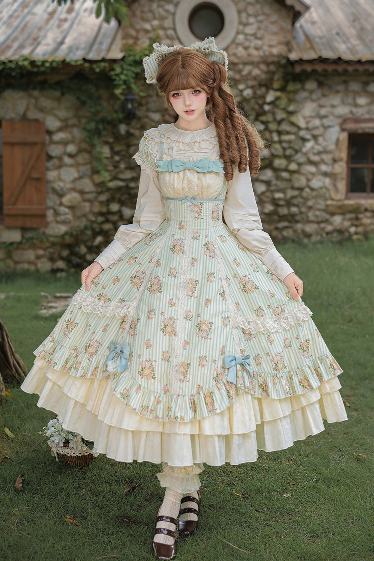 Emerald An Encounter with Austin Square Collar Short Sleeve Multi Rose Printed Ruffled Bow Lace Sweet Lolita Gown