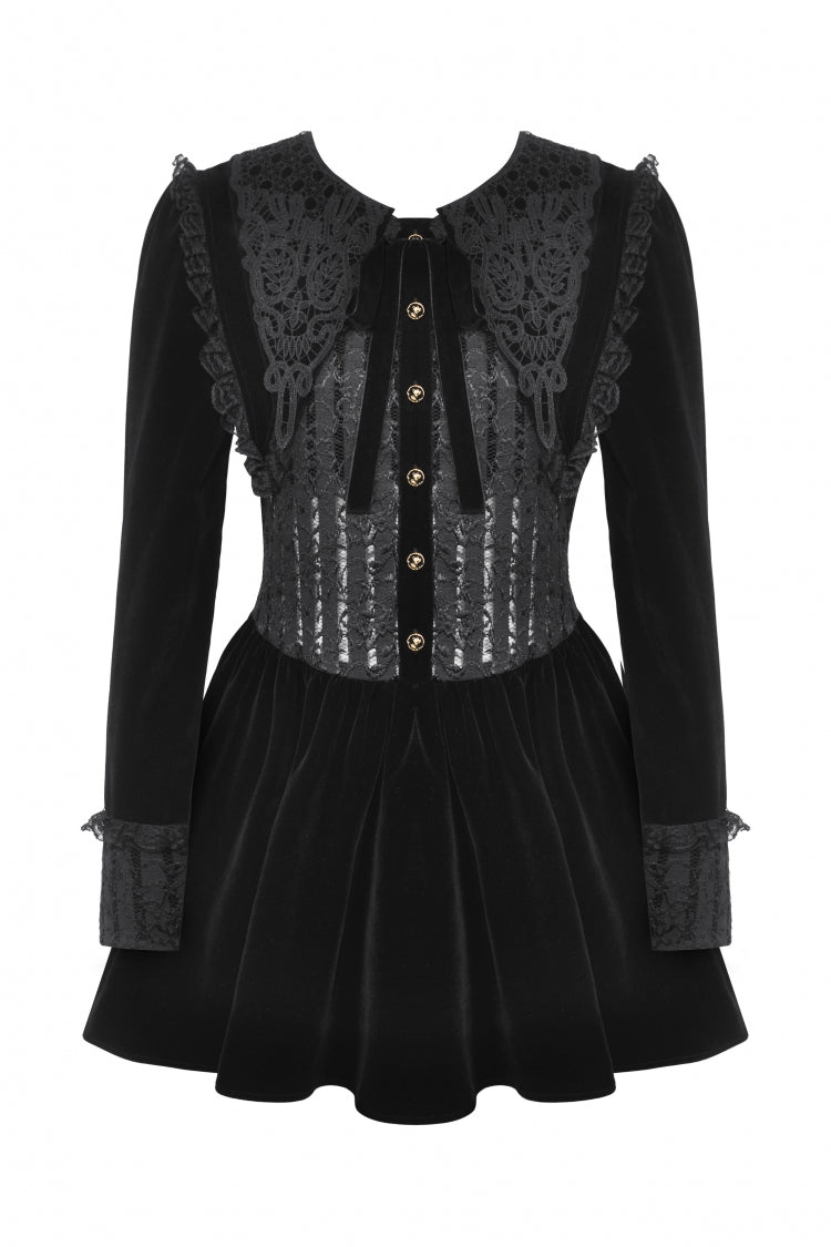 Gothic Velvet Short Dress with Lace Trim and Extended Sleeves