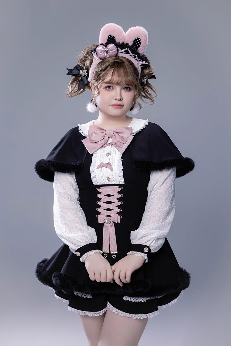 Jirai Kei Long-Sleeve Lace-Up Set with Ruffle Bow and Plush Shorts, Japanese Style