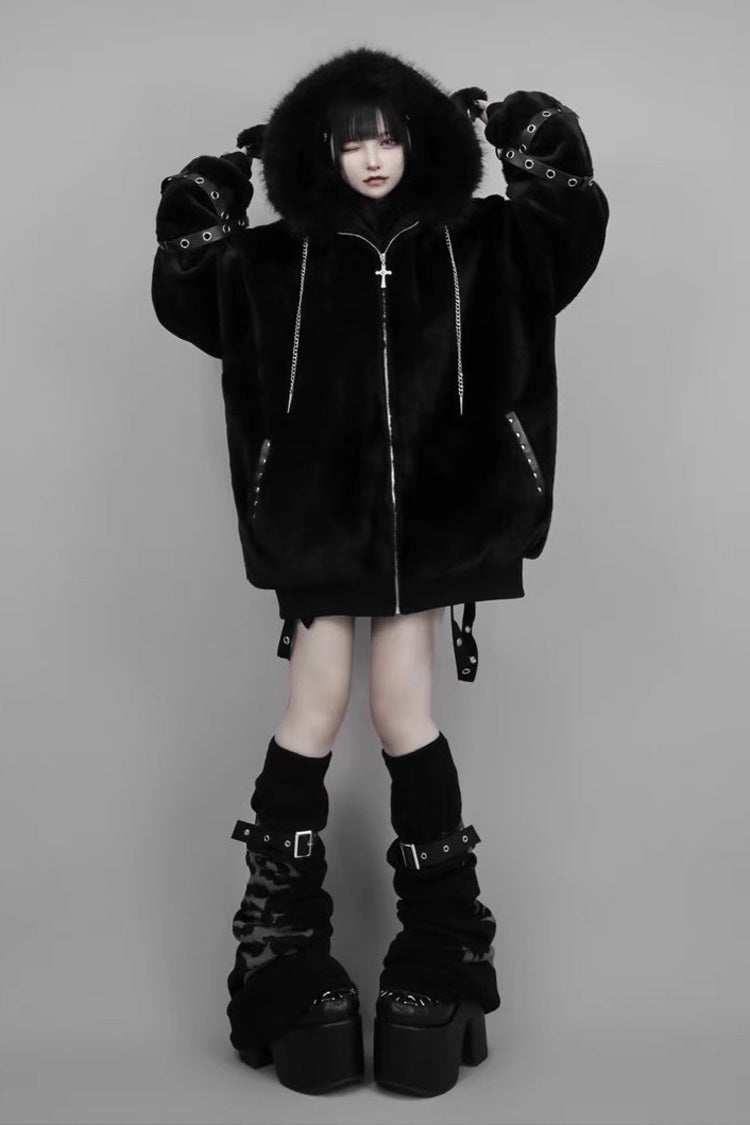 Japanese Jirai Kei Coat with Lamb Ears Hood and Rivets, Extended Sleeves