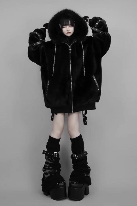 Japanese Jirai Kei Coat with Lamb Ears Hood and Rivets, Extended Sleeves