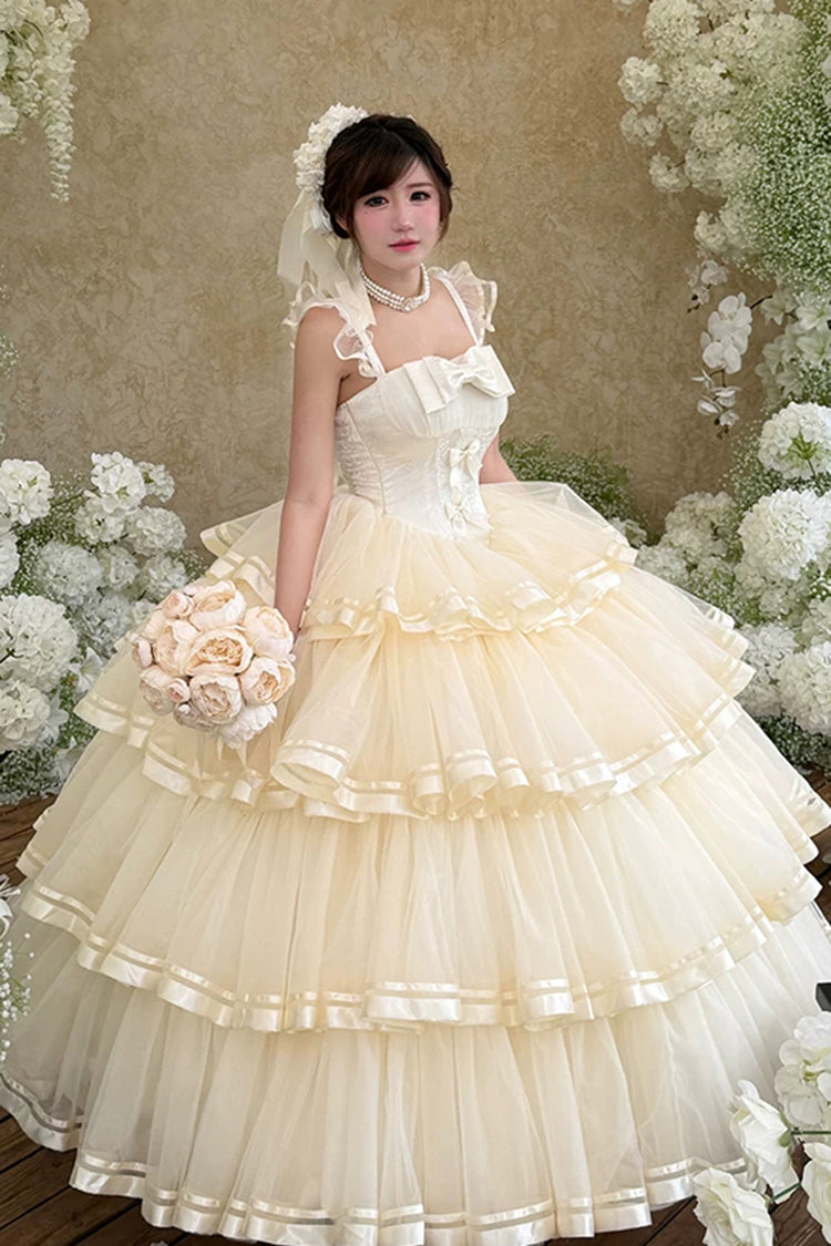 Sweet Organza Satin Sleeveless Multi-Layered Ruffled Hanayome Bow Lace Sweet Elegant Princess Lolita Jsk Dress