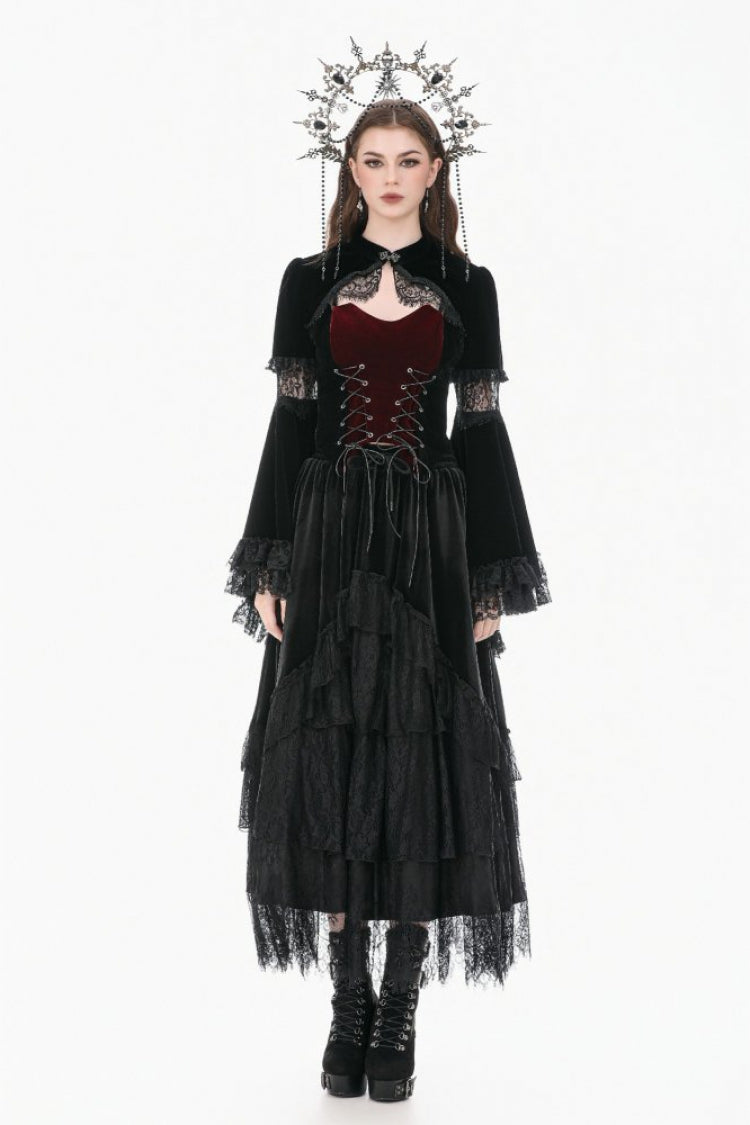 Gothic Shrug with Keyhole Mandarin Collar, Velvet Lace Splice & Flare Sleeves