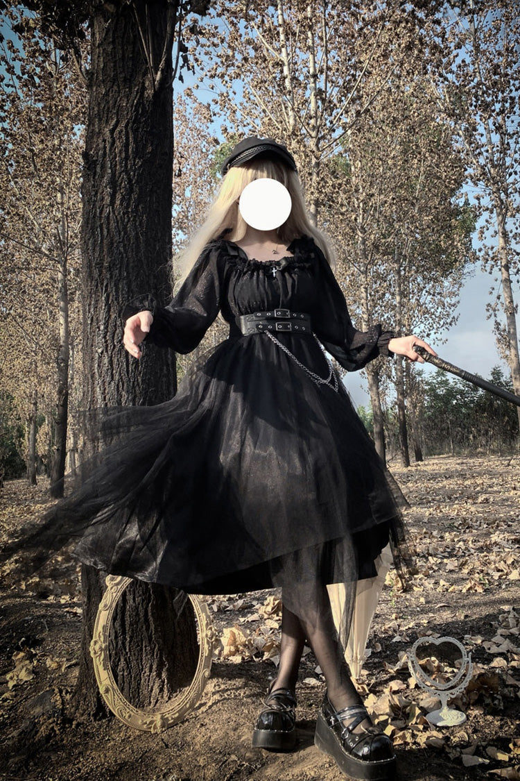Gothic Plus-Size Lace Dress with Ruffle Bow Accents and Stitching, Long Sleeve