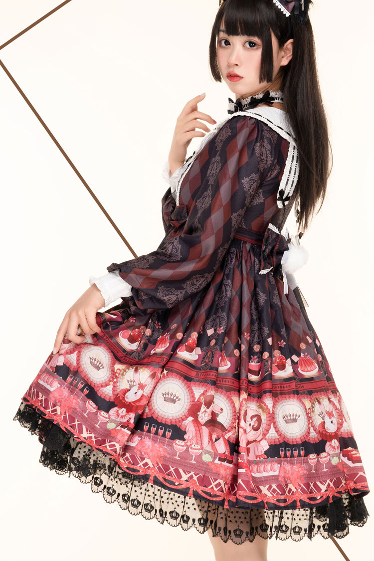 Long Sleeve Print Ruffle Bow Sweet Lolita JSK - Afternoon Fantasia