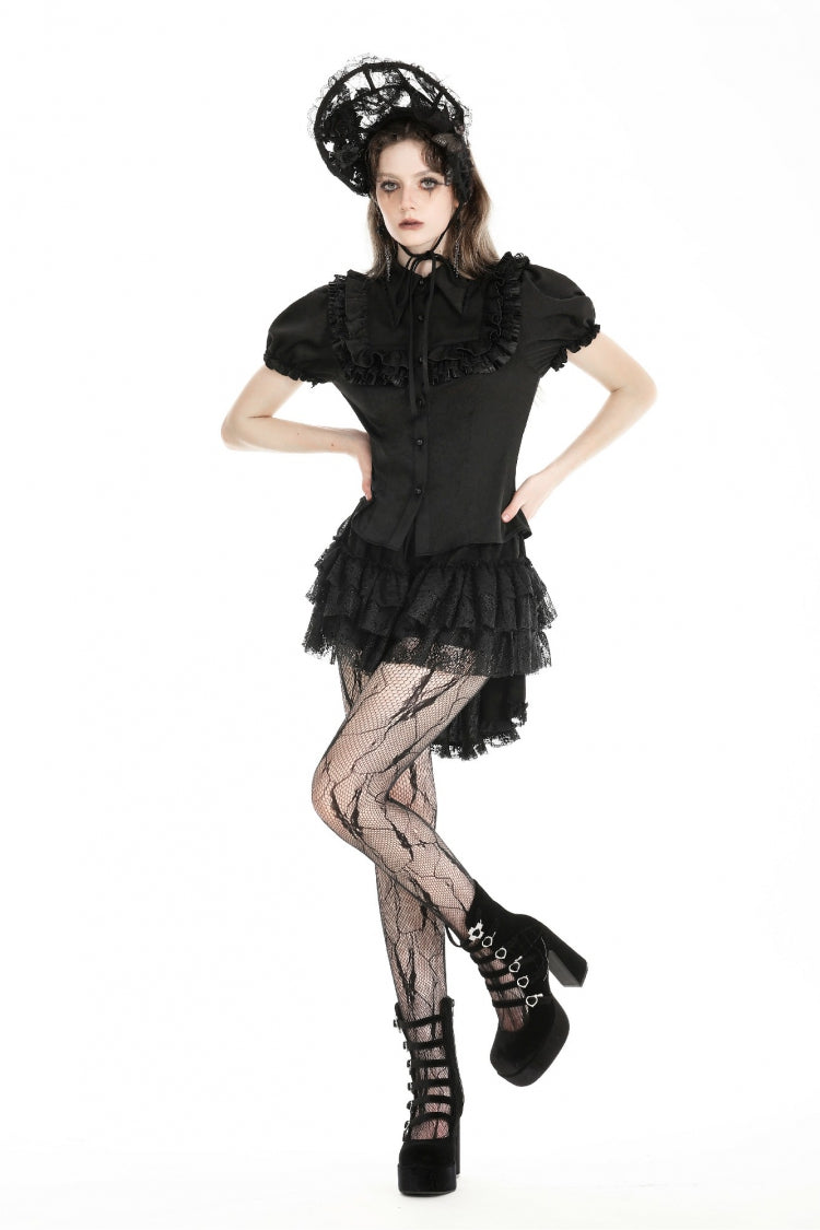 Ruffled Gothic Blouse with Puff Sleeves and Collar - Gothic Edge