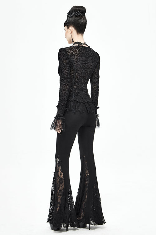 Women's Gothic Pants with Knit Lace Bell Bottoms and Cross Detail