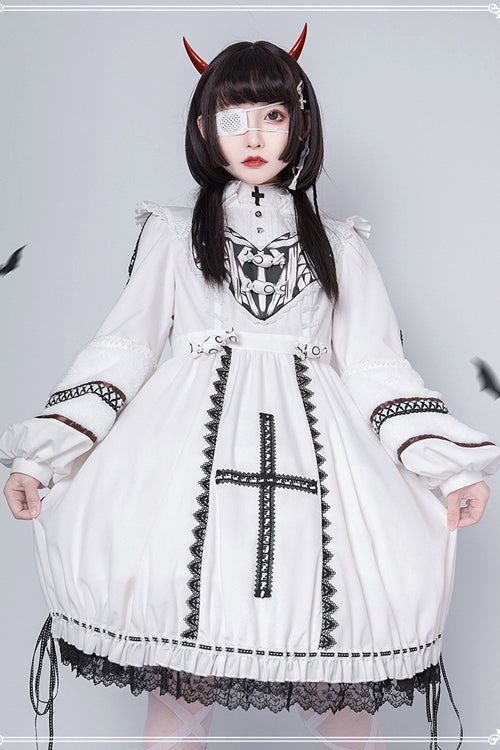 Gothic Lolita OP Dress with Detachable Hat, High Neck, Woolen Cuffs, Demon Rabbit