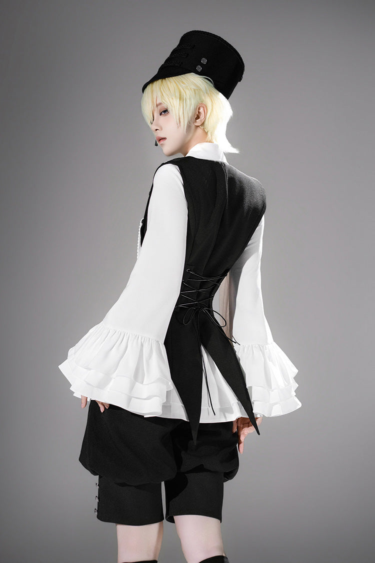 Lapel Collar Ruffled Bow Classic Prince Ouji Set - Ash