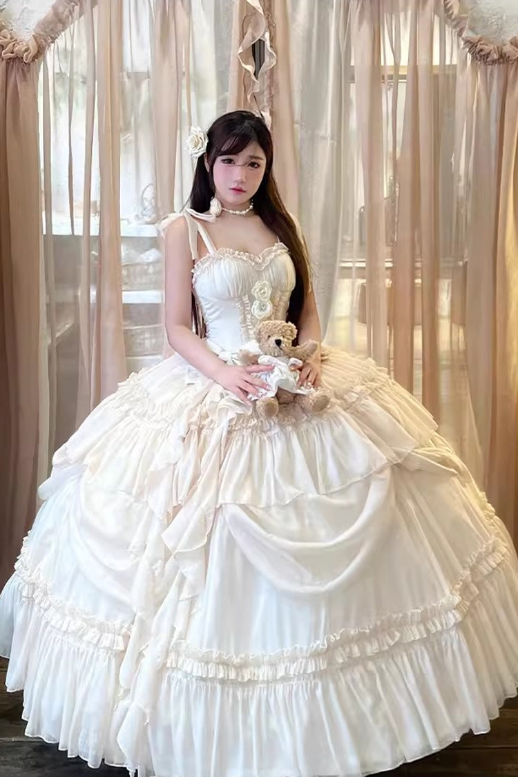 Antique Bride Sleeveless Multi-Layered Ruffled Bow Lace Sweet Elegant Gorgeous Full Skirt Lolita Jsk Dress