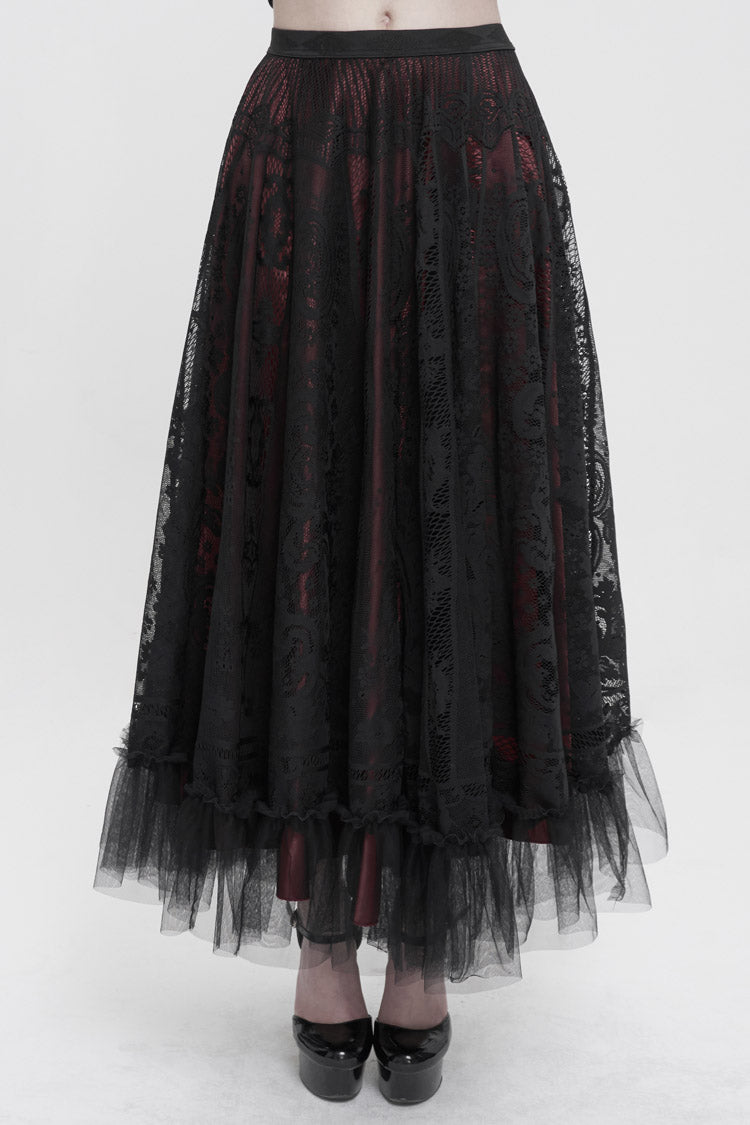 Crimson Noir Lace Flower Mesh Paneled Ruffle Swing Gothic Skirt