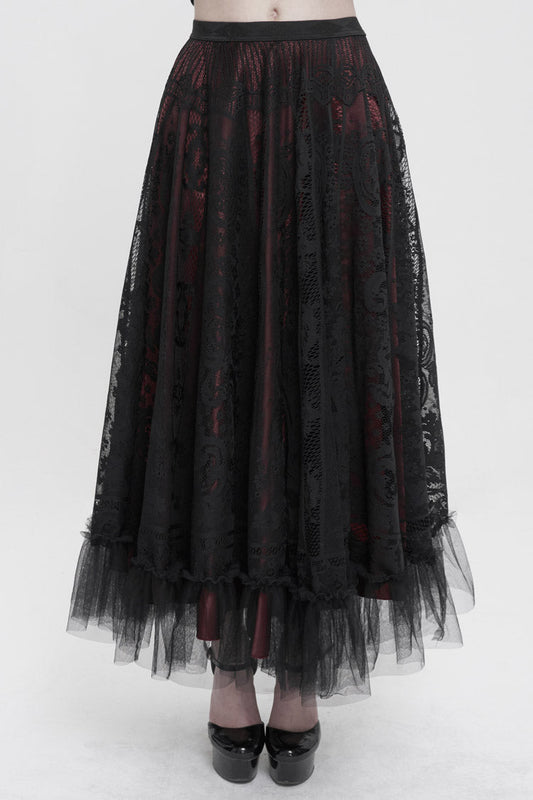 Crimson Noir Lace Flower Mesh Paneled Ruffle Swing Gothic Skirt