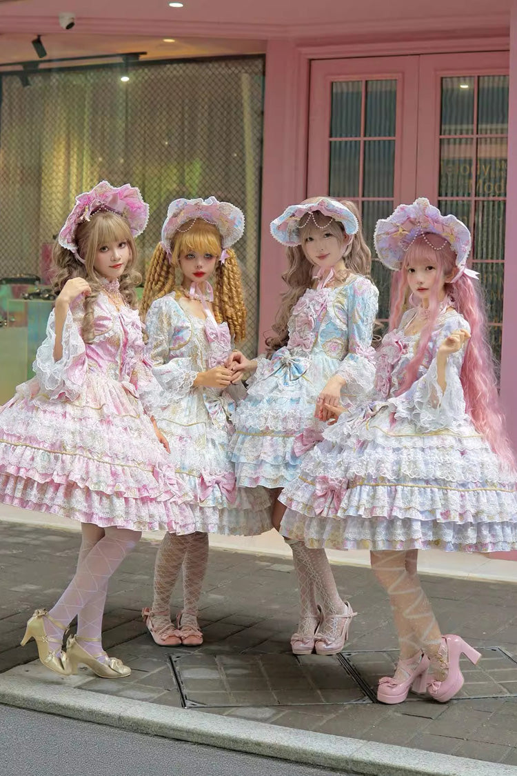 Long Flared Sleeves Multi-Ruffle Bow Lace Elegant Gown - Candlelight Elegance
