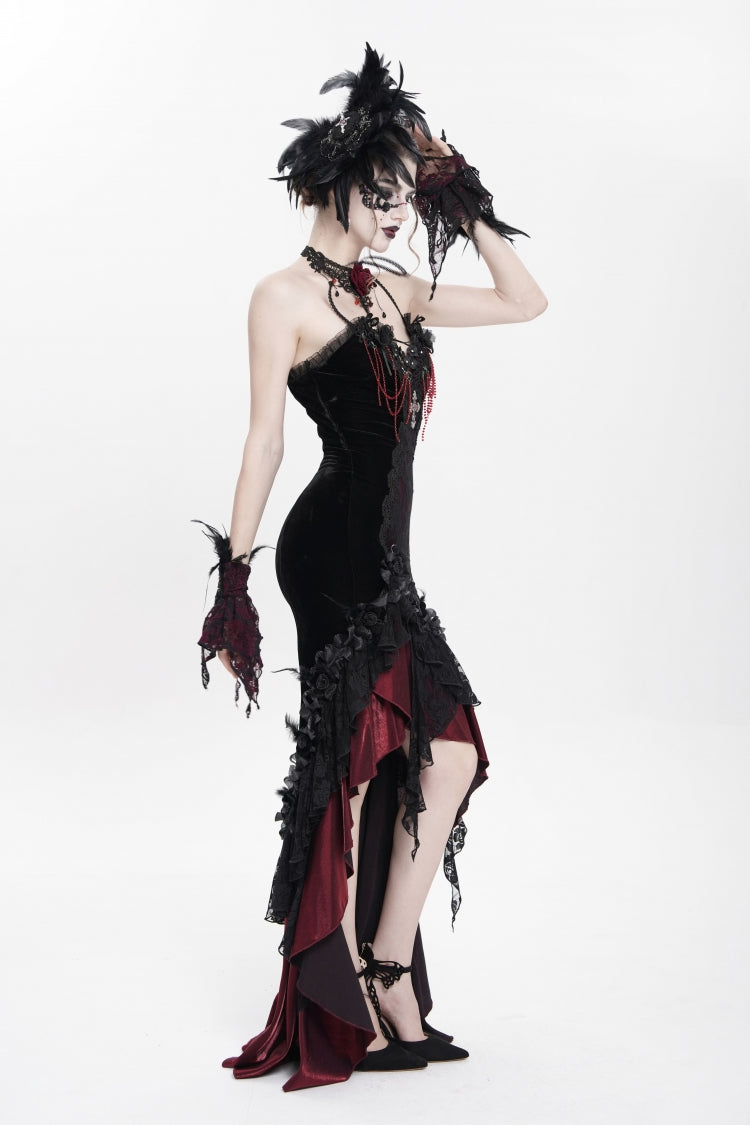 Crimson Gothic JSK with Embroidered Lace and Sleeveless Bardot Neckline