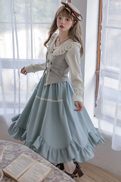 Elegant V-Neck Long Sleeve Petal Hem Three-Piece Lolita OP Set