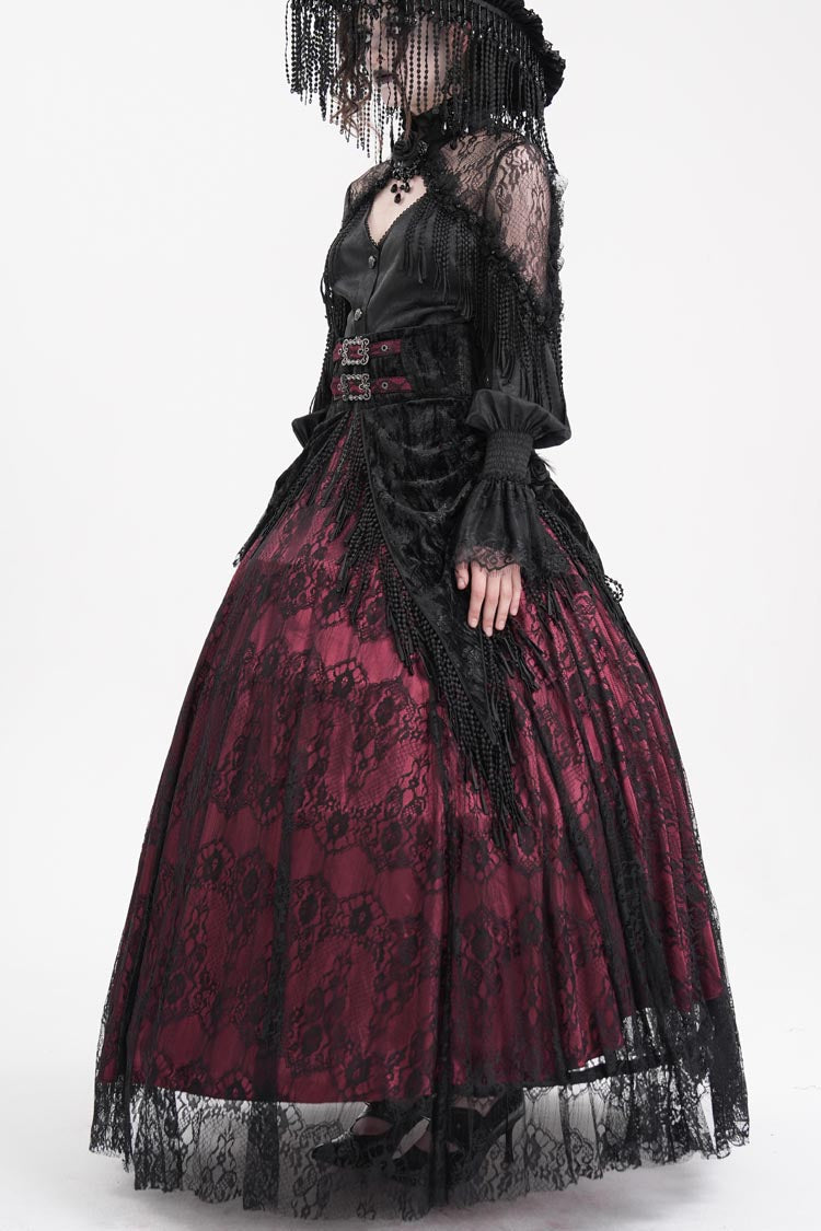 Burgundy Print Embroidery Tassel Buckle Lace-Up Gothic Long Skirt