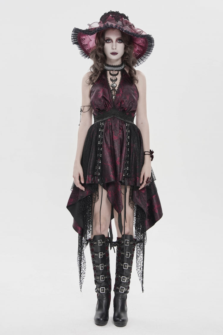 Crimson & Noir Strapless Layered Lace Tassel Gothic Dress with Print