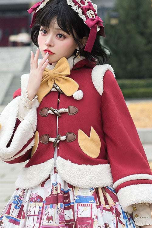 Sweet Lolita Cape Coat with Autumn Winter Double Collar, Bowknot, Single Breasted