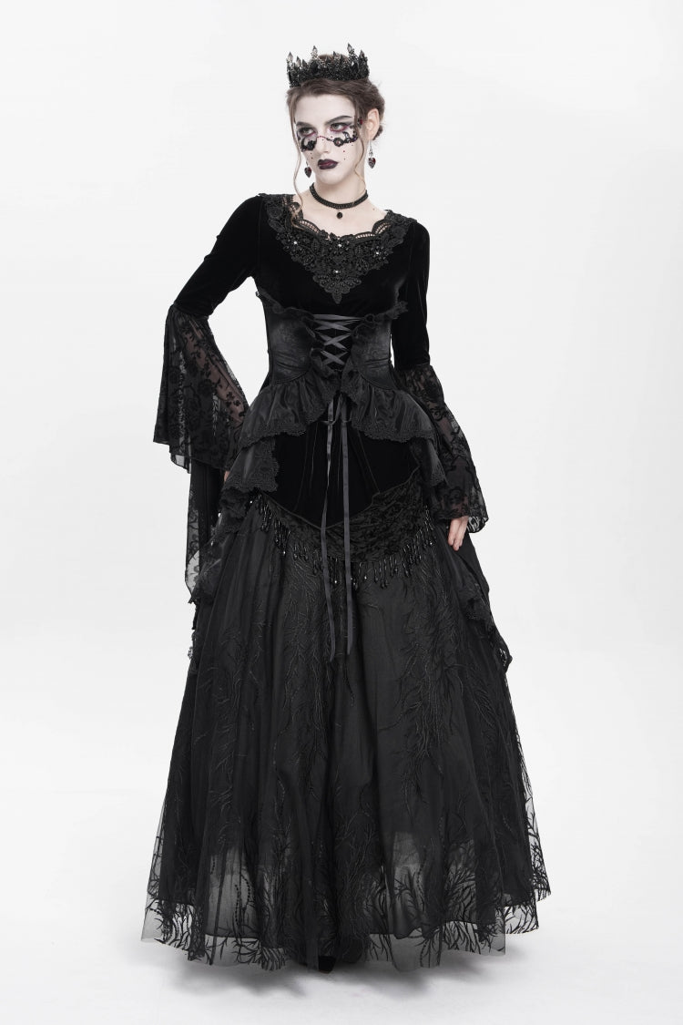 Beaded Pleated Gothic Blouse with Lace-Up Front and Extended Sleeves