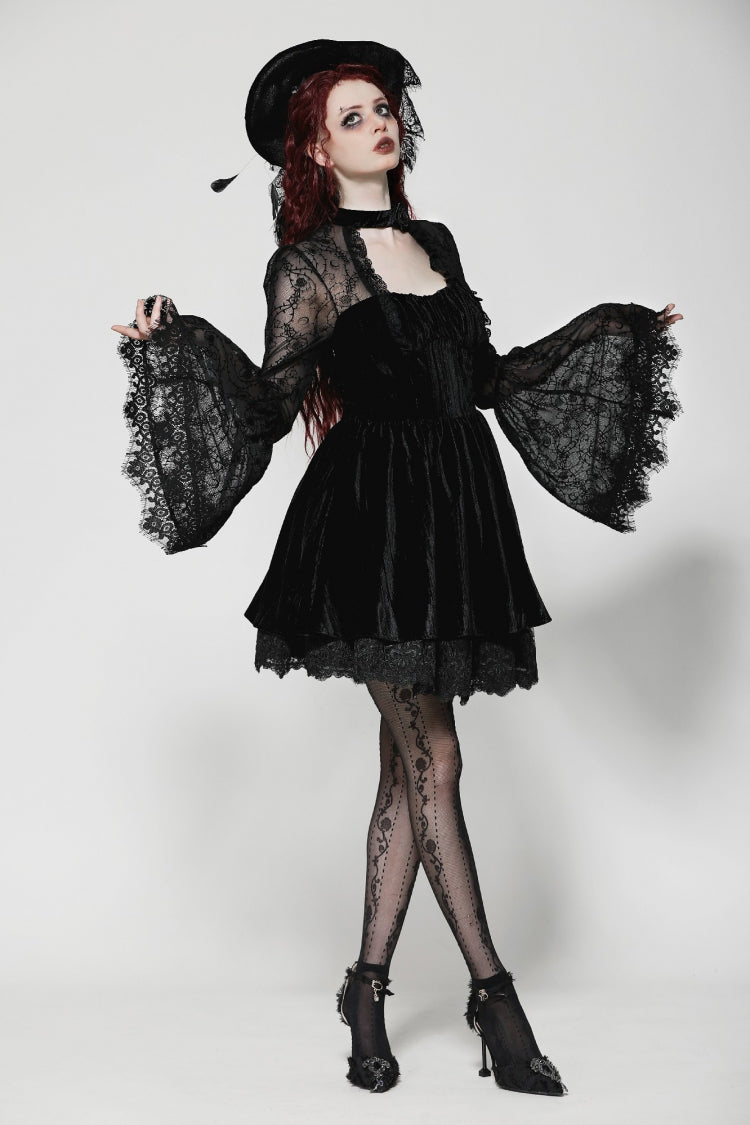 Floral Jacquard Lace-Up Mini Dress with Trumpet Sleeves and Cut-Outs