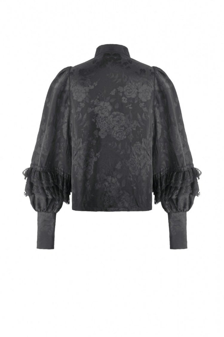 Rose Jacquard Bishop Sleeve Blouse with Tie - Gothic Edge