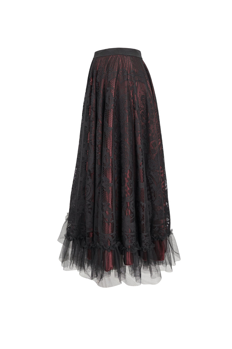 Crimson Noir Lace Flower Mesh Paneled Ruffle Swing Gothic Skirt