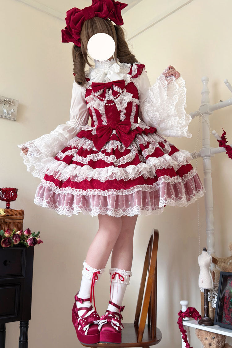Burgundy Love and Heart Flutter Sleeveless Layered Ruffle Bow Lace Pearl Sweet Lolita JSK Gown