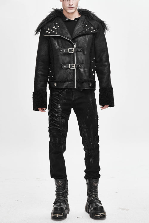 Warm Short Punk Jacket with Wool Collar for Men - Noir